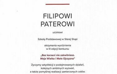 Udział ucznia Szkoły Podstawowej w Starej Słupi - Filipa Pater w uroczystej gali finałowej konkursu &bdquo;Bez korzeni nie zakwitniesz. Moja Wielka i Mała Ojczyzna.&quot;      15